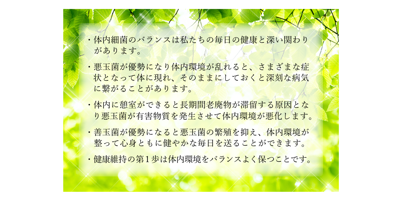 体内細菌のバランスは私たちの毎日の健康と深い関わりがあります。悪玉菌が優勢になり体内環境が乱れると、さまざまな症状となって体に現れ、そのままにしておくと深刻な病気に繋がることがあります。体内に憩室ができると長期間老廃物が滞留する原因となり悪玉菌が有害物質を発生させて体内環境が悪化します。善玉菌が優勢になると悪玉菌の繁殖を抑え、体内環境が整って心身ともに健やかな毎日を送ることができます。健康維持の第１歩は体内環境をバランスよく保つことです。